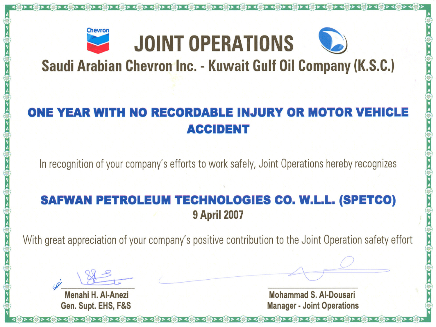 JO HSE Award for 2 million-man hours without LTA.